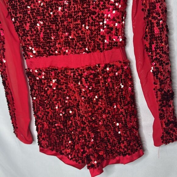 Weissman Red Sequin Long Sleeve Romper. Style #14172 “Love You Like A Love Song” - Picture 6 of 9